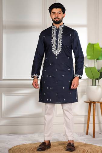 Blue color stylish cotton fabric ethnic traditional rich kurta payjama for men