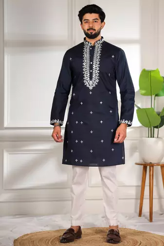 Blue color stylish cotton fabric ethnic traditional rich kurta payjama for men