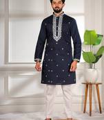Blue color stylish cotton fabric ethnic traditional rich kurta payjama for men