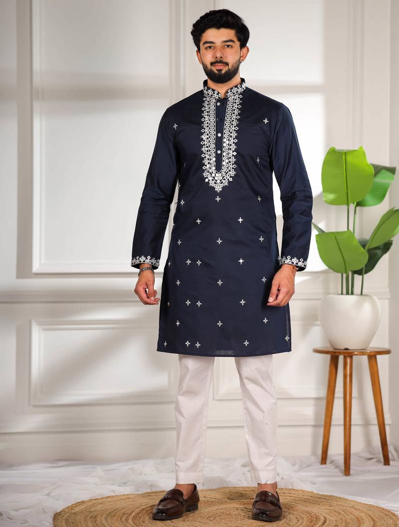 Blue color stylish cotton fabric ethnic traditional rich kurta payjama for men