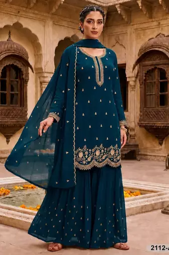 Teal blue fox georgette semi stitched suit with embroidery & sequence work