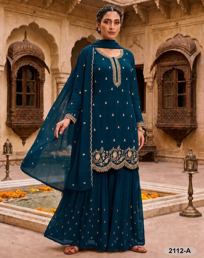Teal blue fox georgette semi stitched suit with embroidery & sequence work