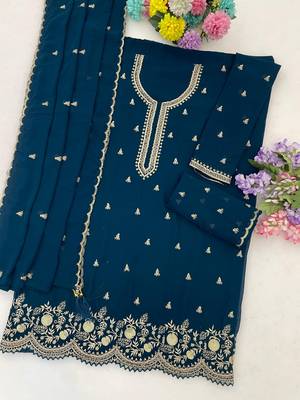 Teal blue fox georgette suit with embroidered sequin  2