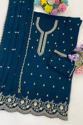 Teal blue fox georgette suit with embroidered sequin 