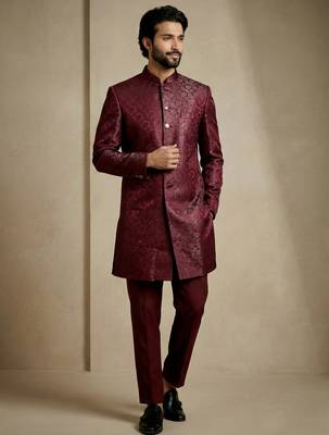 Dark maroon donier jacquard premium designer festive wear indo western set 2