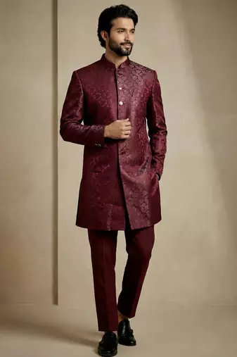 Dark maroon donier jacquard premium designer festive wear indo western set