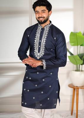 Blue color stylish cotton fabric ethnic traditional rich kurta payjama for men 3