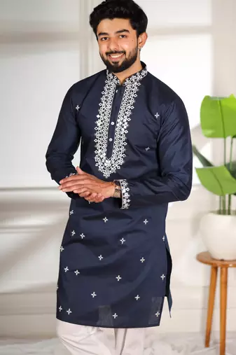 Blue color stylish cotton fabric ethnic traditional rich kurta payjama for men