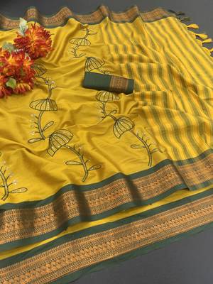 Gold blended cotton embroidered zari work saree with blouse 2
