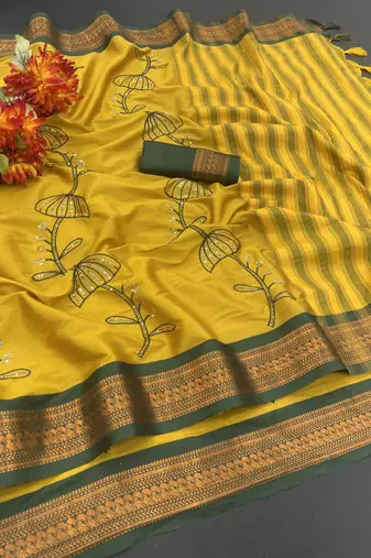 Gold blended cotton embroidered zari work saree with blouse