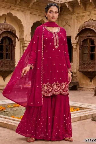 Red fox georgette semi stitched suit with embroidery & sequence work