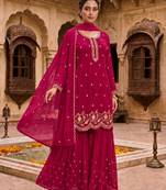Red fox georgette semi stitched suit with embroidery & sequence work