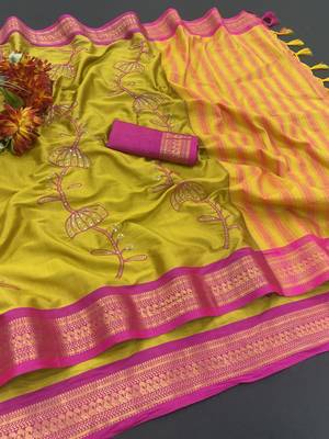 Gold blended cotton embroidered zari work saree with blouse 2
