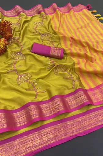 Gold blended cotton embroidered zari work saree with blouse