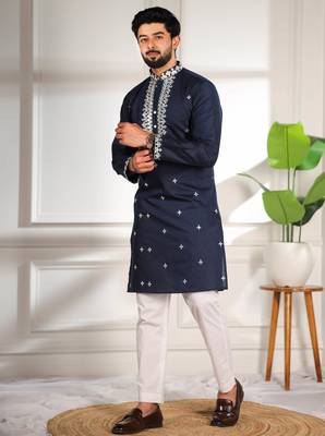 Blue color stylish cotton fabric ethnic traditional rich kurta payjama for men 4