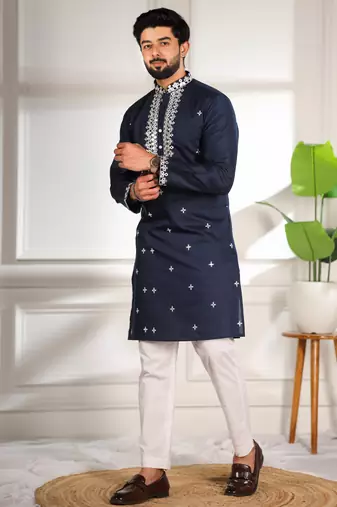 Blue color stylish cotton fabric ethnic traditional rich kurta payjama for men