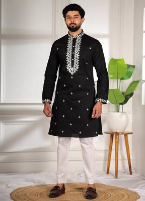 Black color stylish cotton fabric ethnic traditional rich kurta payjama for men 1