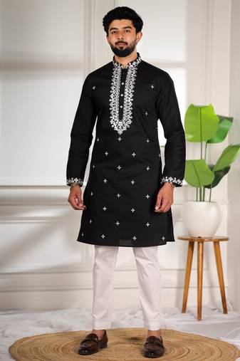 Black color stylish cotton fabric ethnic traditional rich kurta payjama for men