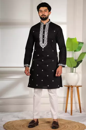 Black color stylish cotton fabric ethnic traditional rich kurta payjama for men