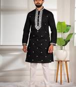 Black color stylish cotton fabric ethnic traditional rich kurta payjama for men
