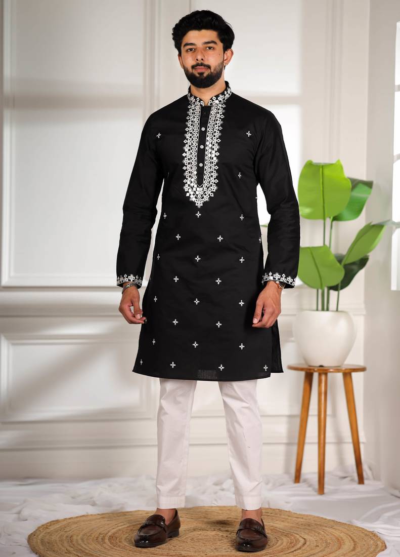 Black color stylish cotton fabric ethnic traditional rich kurta payjama for men