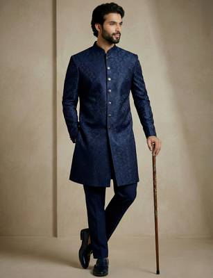 Navy blue donier jacquard premium designer festive wear indo western set 2