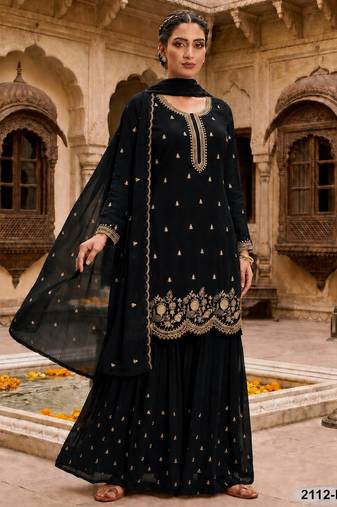 Black fox georgette semi stitched suit with embroidery & sequence work