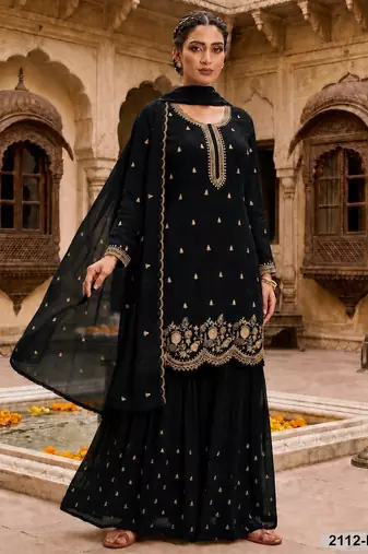 Black fox georgette semi stitched suit with embroidery & sequence work