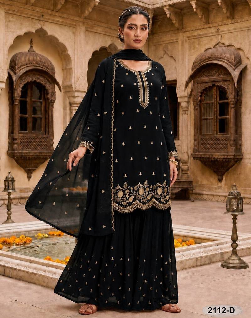 Black fox georgette semi stitched suit with embroidery & sequence work