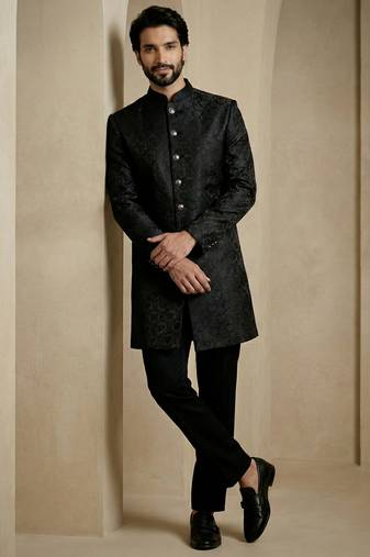 Black donier jacquard premium designer festive wear indo western set