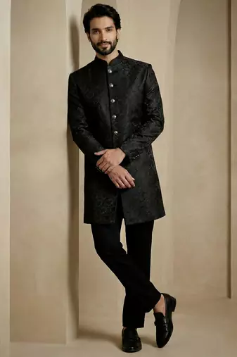 Black donier jacquard premium designer festive wear indo western set