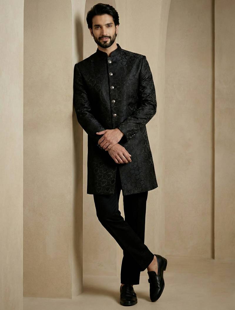 Black donier jacquard premium designer festive wear indo western set
