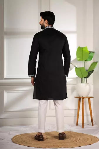 Black color stylish cotton fabric ethnic traditional rich kurta payjama for men