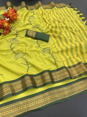 Light green blended cotton embroidered zari work saree with blouse 2