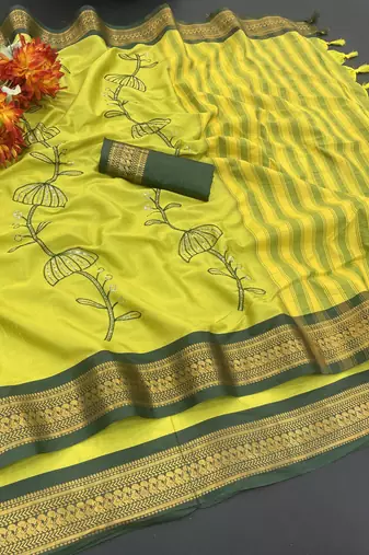 Light green blended cotton embroidered zari work saree with blouse
