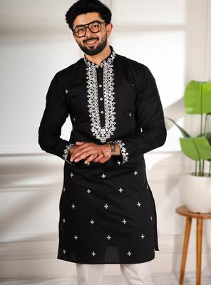 Black color stylish cotton fabric ethnic traditional rich kurta payjama for men 3