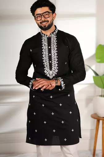 Black color stylish cotton fabric ethnic traditional rich kurta payjama for men