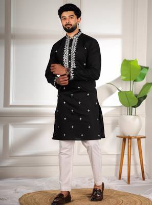 Black color stylish cotton fabric ethnic traditional rich kurta payjama for men 4