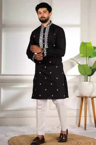 Black color stylish cotton fabric ethnic traditional rich kurta payjama for men