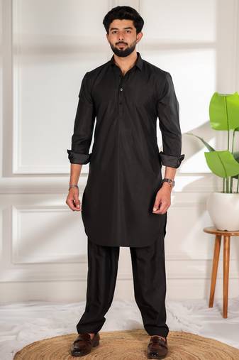 Black color cotton satin fabric beautiful solid festive special kurta payjama