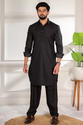 Black color cotton satin fabric beautiful solid festive special kurta payjama