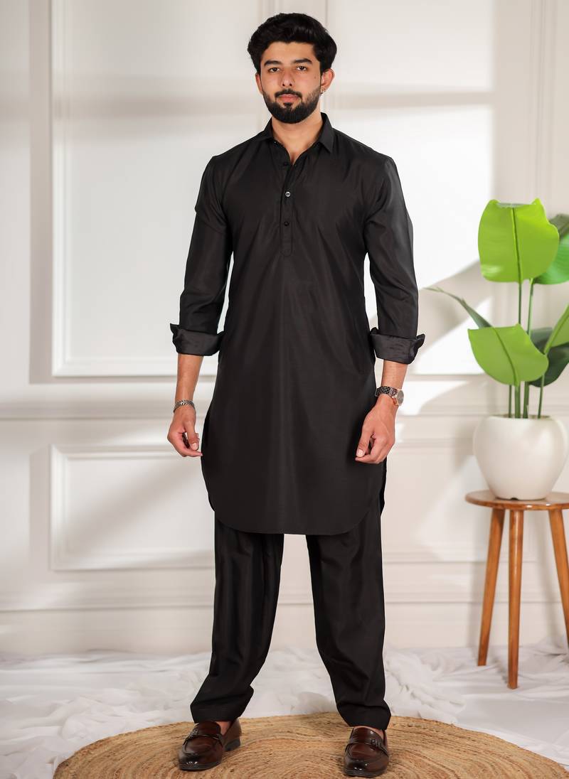 Black color cotton satin fabric beautiful solid festive special kurta payjama
