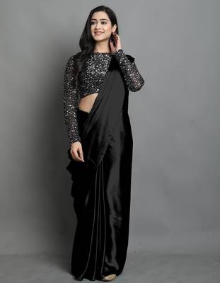 Black satin plain zari work saree with blouse 1
