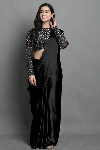 Black satin plain zari work saree with blouse