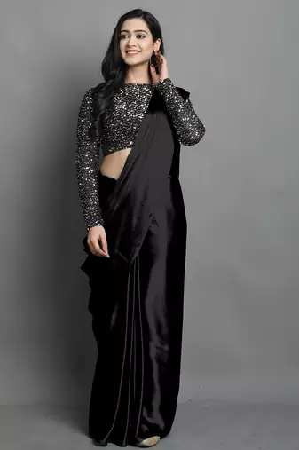 Black satin plain zari work saree with blouse