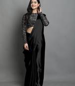 Black satin plain zari work saree with blouse