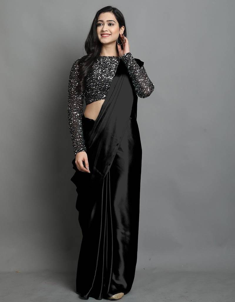 Black satin plain zari work saree with blouse