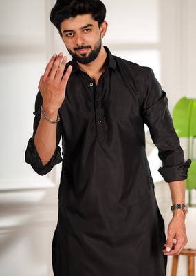Black color cotton satin fabric beautiful solid festive special kurta payjama 3