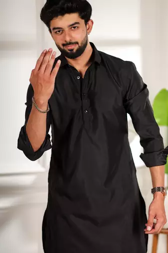 Black color cotton satin fabric beautiful solid festive special kurta payjama
