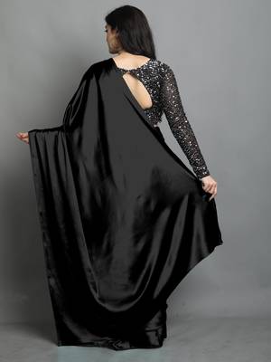 Black satin plain zari work saree with blouse 2